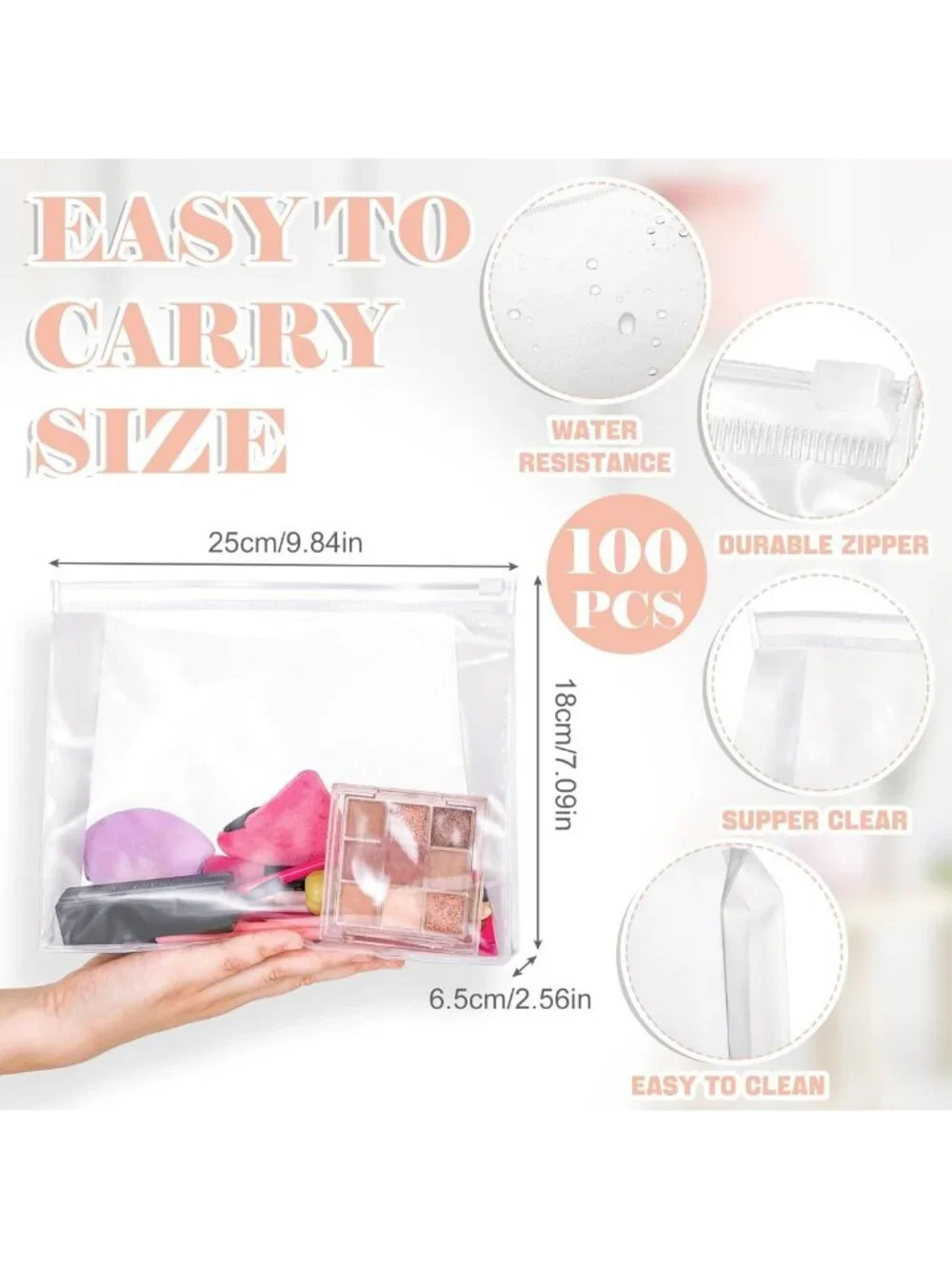 100 Pcs Mini Clear Makeup Bags - PVC Travel Organizers, 9.8'' Cosmetic Pouches